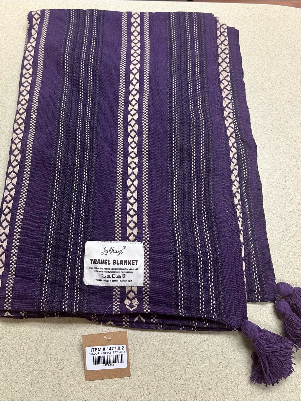 100% Cotton Boho Purple Striped Travel Blanket with Tassels 60”x80”